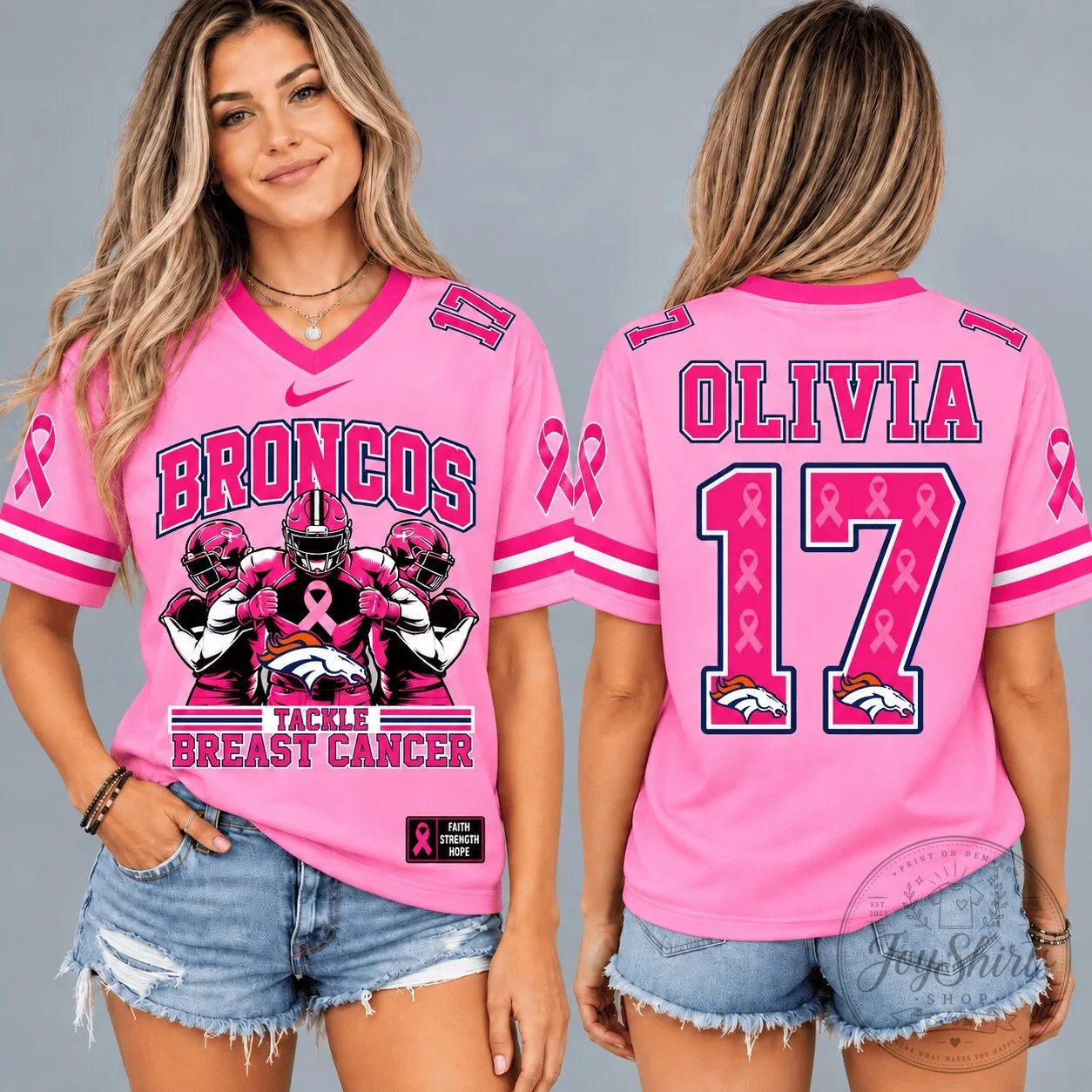 Denver Broncos Pink Ribbon Breast Cancer Awareness Football Jersey