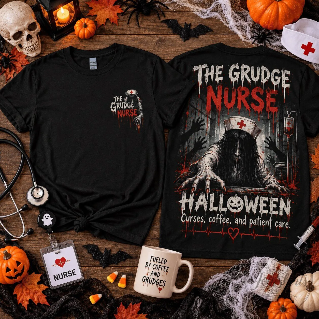 Black T-Shirt for Halloween: Spooky Night Shifts Featuring The Grudge Nurse Horror Theme