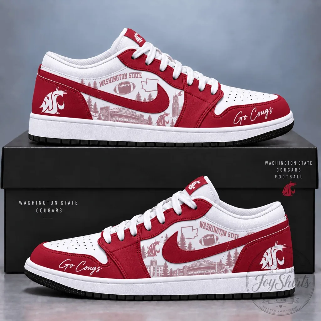 Washington State Cougars Football Team Logo White and Red Athletic Sneakers Washington State Cougars Football Team Logo White and Red Athletic Sneakers