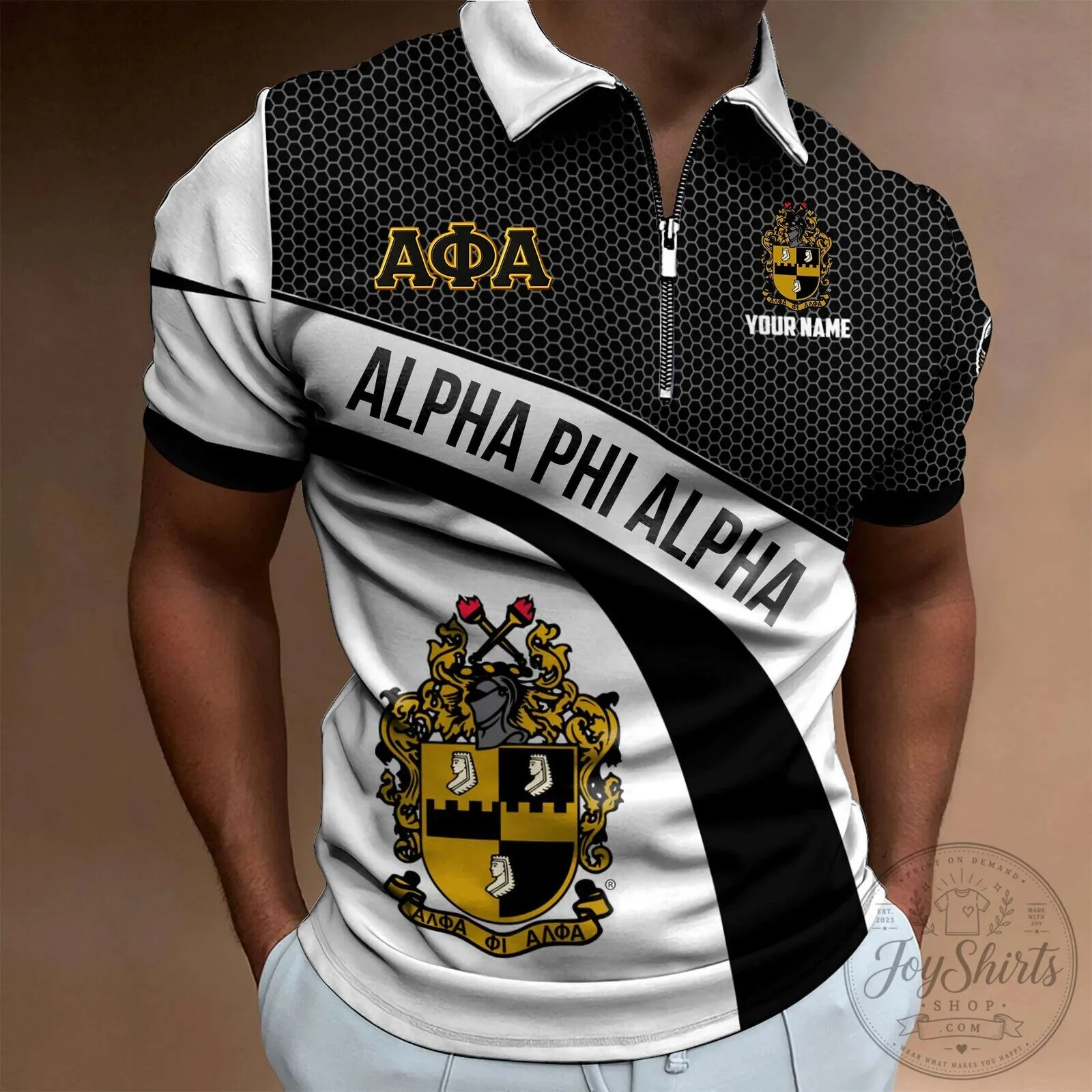 Alpha Phi Alpha Fraternity Black Gold White Hexagon Pattern Polo Shirt