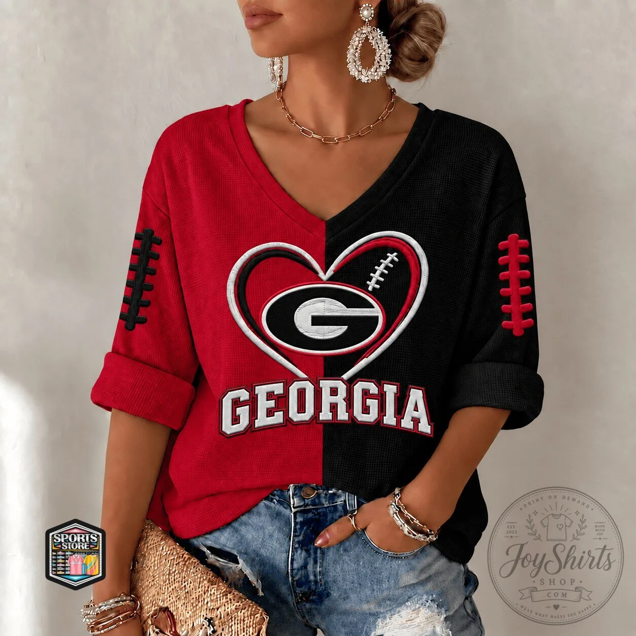 Georgia Bulldogs Football Heart Split Color V-Neck Long Sleeve Shirt 8 Georgia Bulldogs Football Heart Split Color V-Neck Long Sleeve Shirt