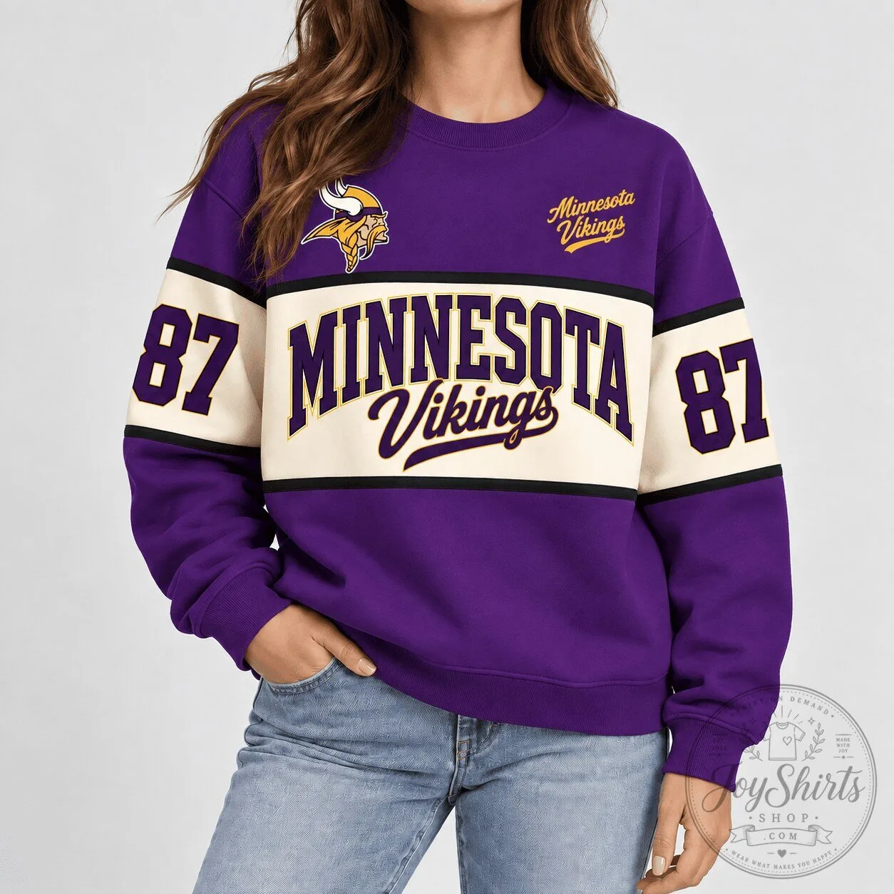 Minnesota Vikings NFL Team Retro Varsity Style Crewneck Sweatshirt