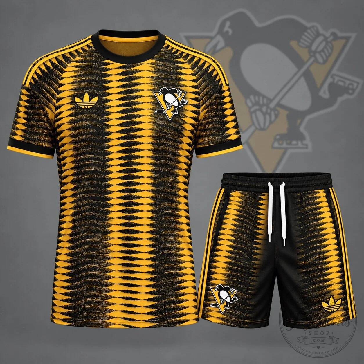 Pittsburgh Penguins National Hockey League Black Gold Ripple Performance Hockey Jersey and Shorts Set