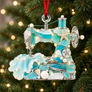 Personalized Sewing Machine Christmas Ornament with Sea Glass and Shells