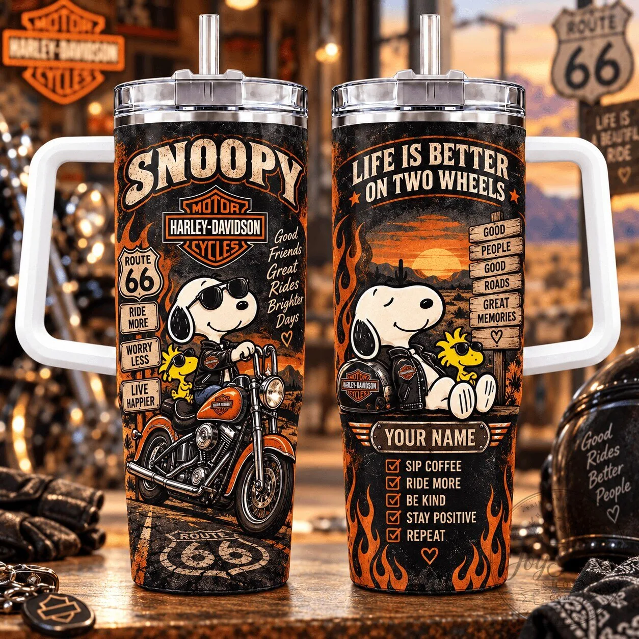 Snoopy Harley-Davidson Route 66 Motorcycle Biker Tumbler with Handle