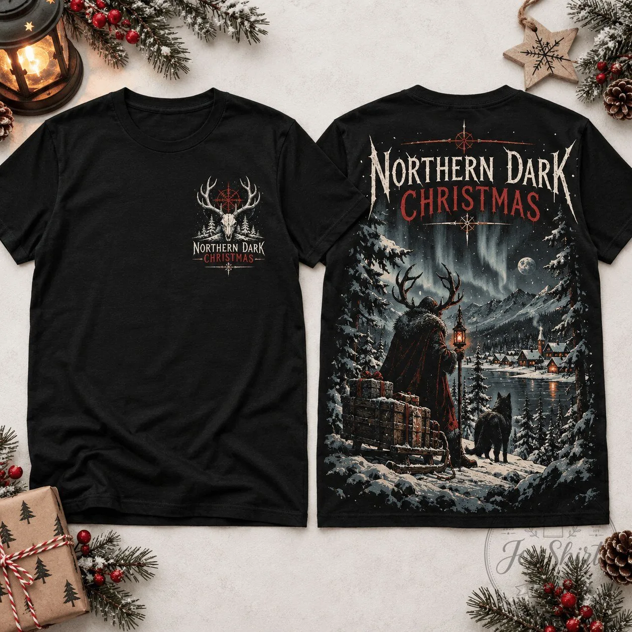 Black T-Shirt with Northern Dark Christmas Winter Deer Skull Graphic Design