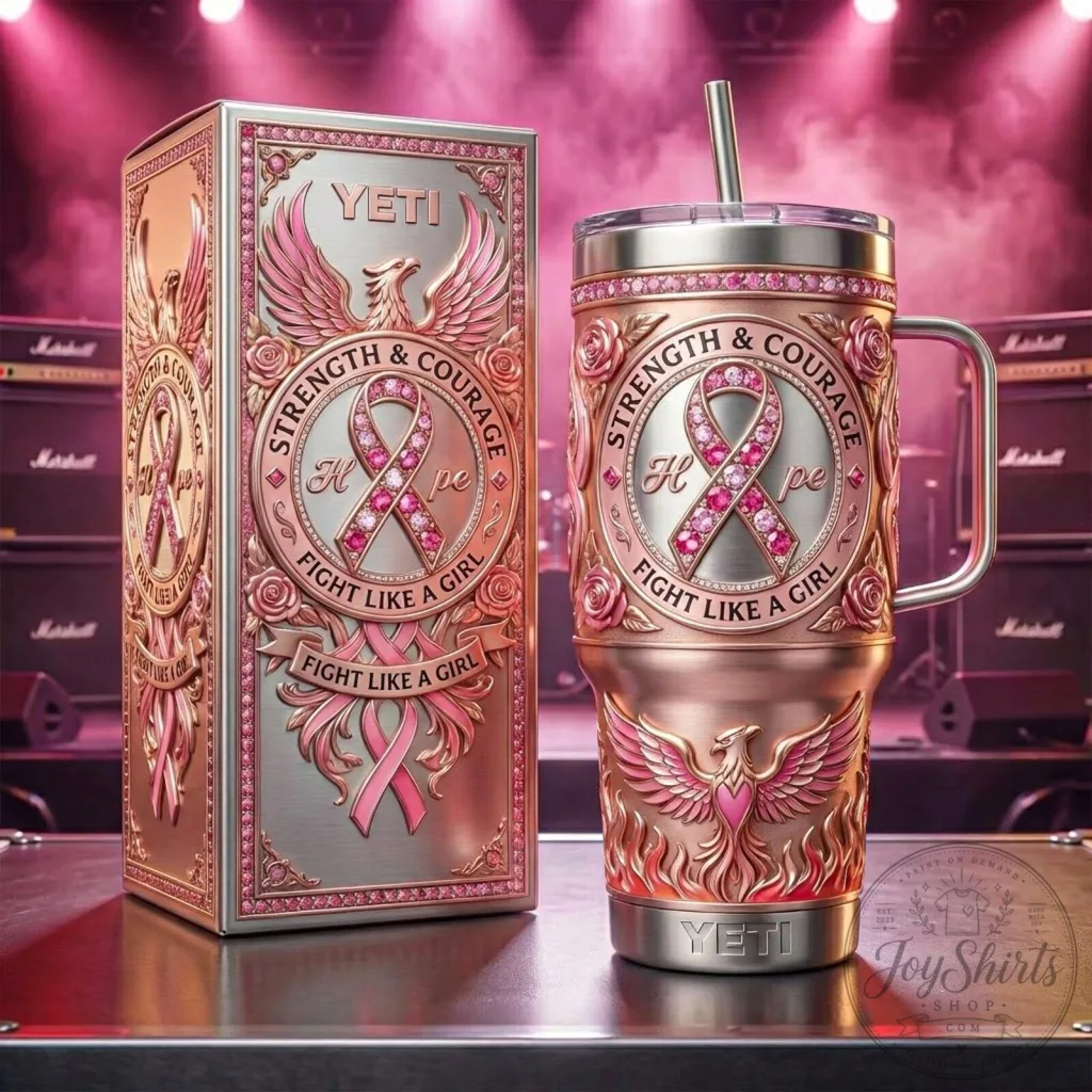 Pink Ribbon Strength and Courage Breast Cancer Awareness Tumbler with Handle