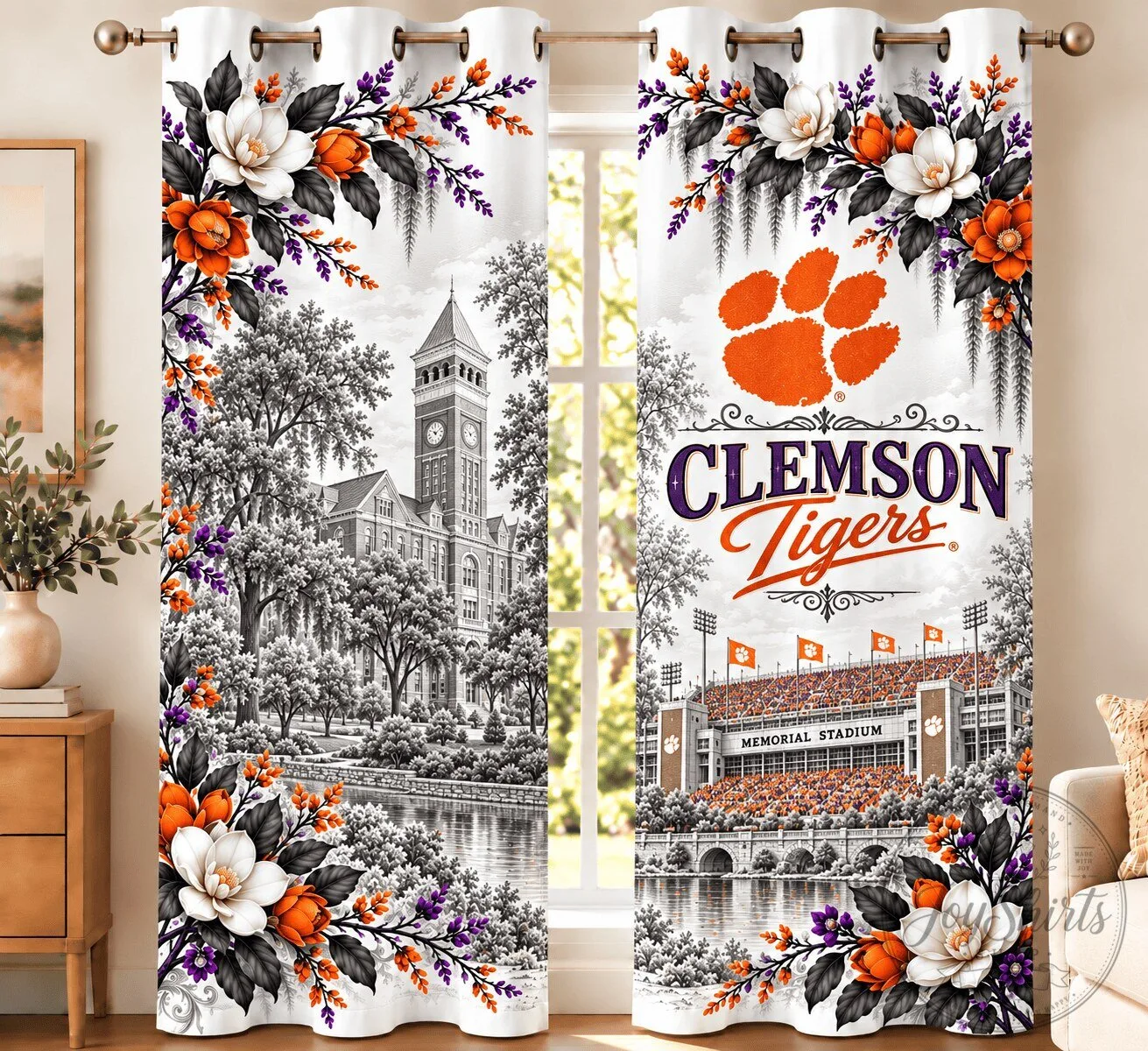 Clemson Tigers Football Team Spirit Floral Window Curtains 3 Clemson Tigers Football Team Spirit Floral Window Curtains