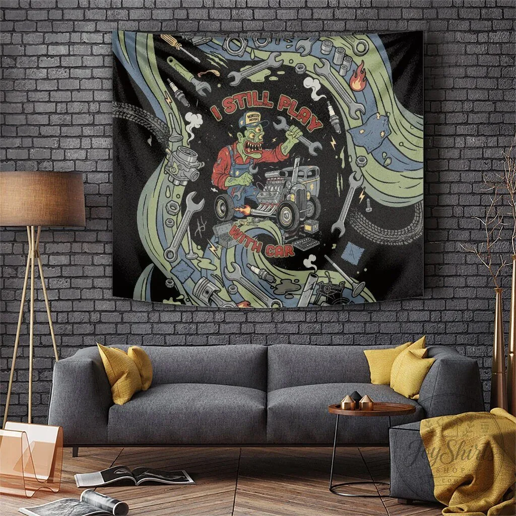 Zombie Mechanic Hot Rod Monster Motors Vintage Auto Tools Wall Art Tapestry