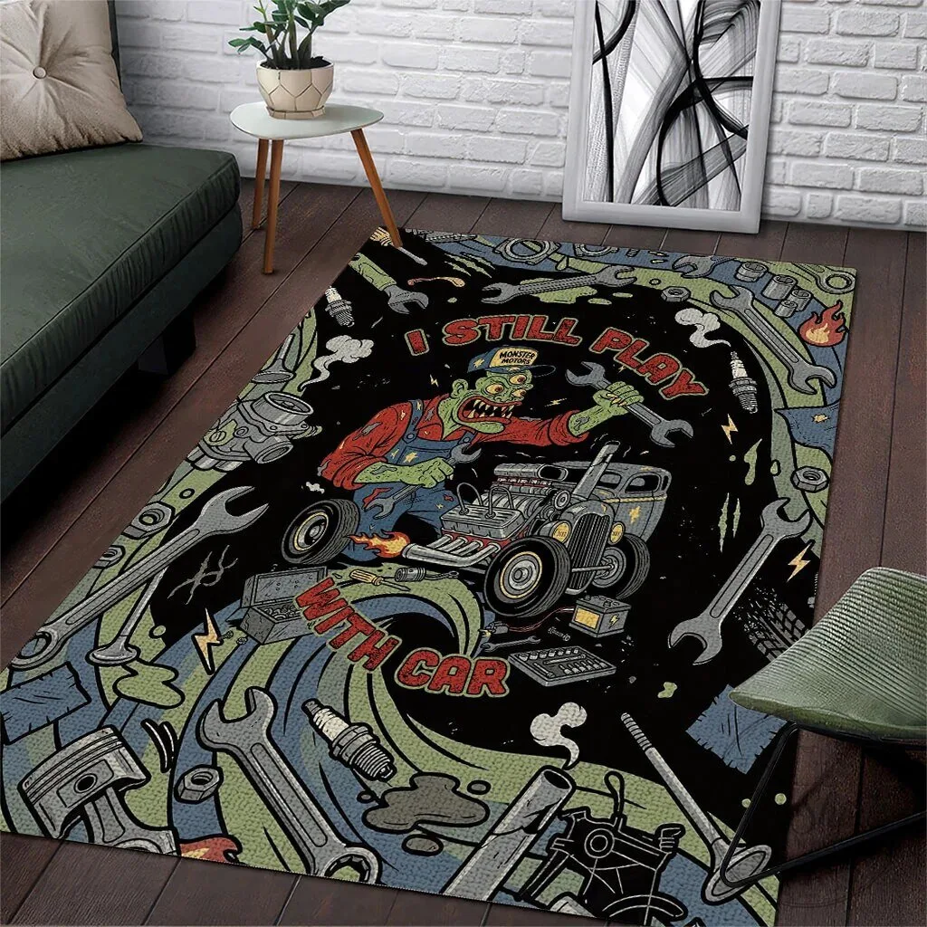 Zombie Mechanic Hot Rod Monster Motors Area Rug Vintage Auto Tools Art