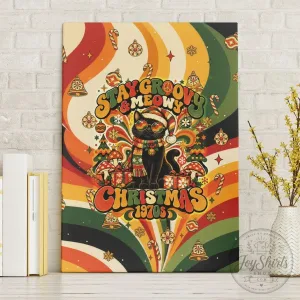 Stay Groovy And Meowy Christmas 1970s Black Cat Vintage Retro Wall Art
