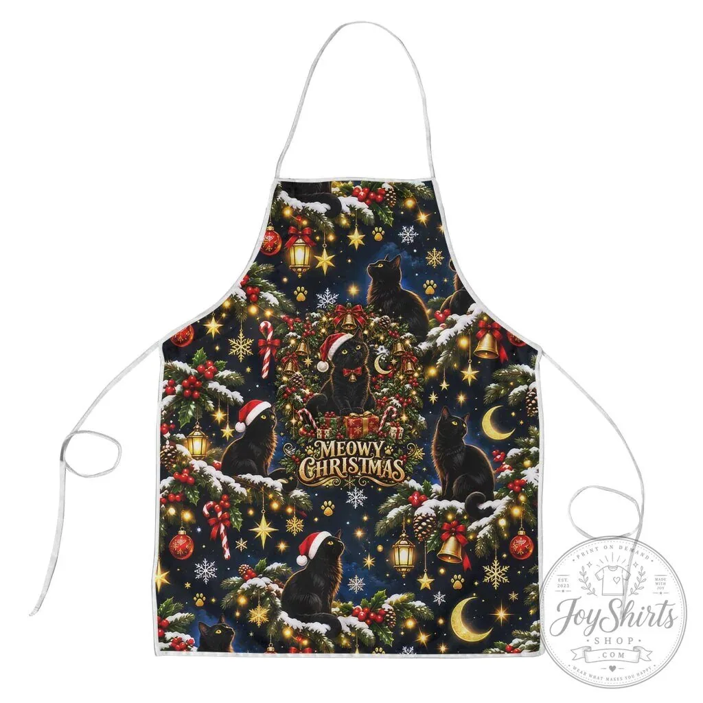 Black Cat Meowy Christmas Holiday Festive Night Tree Snow Stars Apron