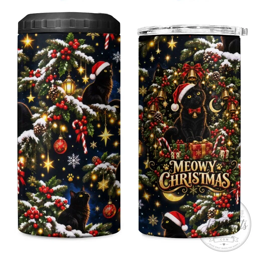 Black Cat Meowy Christmas Festive Night Tree Snow Stars Holiday Can Cooler