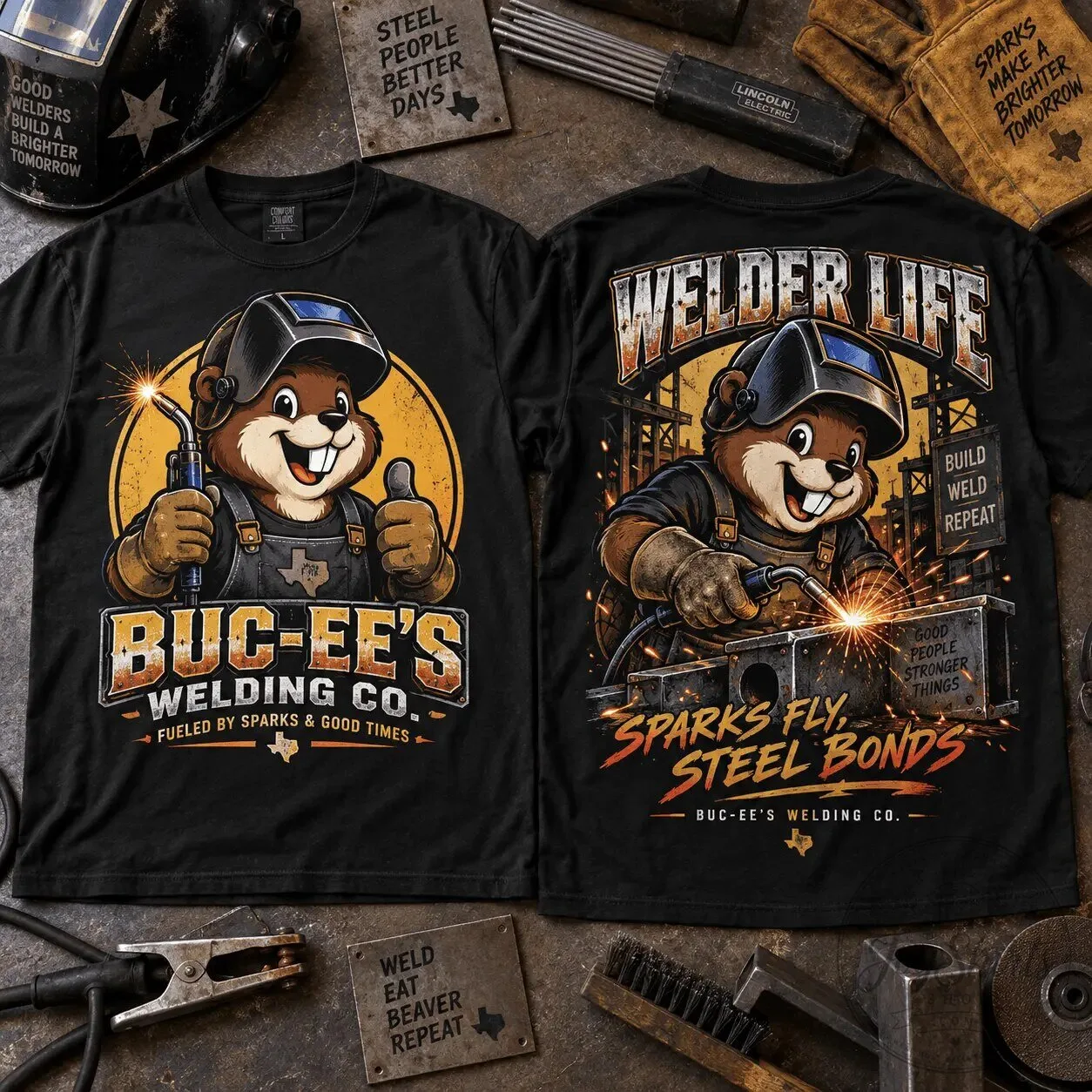 Buc-ee's Welder Life Sparks Fly Steel Bonds Welding Company T-Shirt