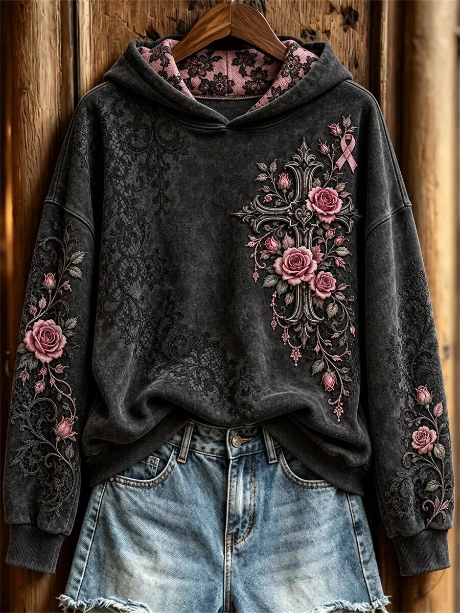 Vintage Gothic Cross Pink Ribbon Roses Floral Lace Print Hoodie for Women