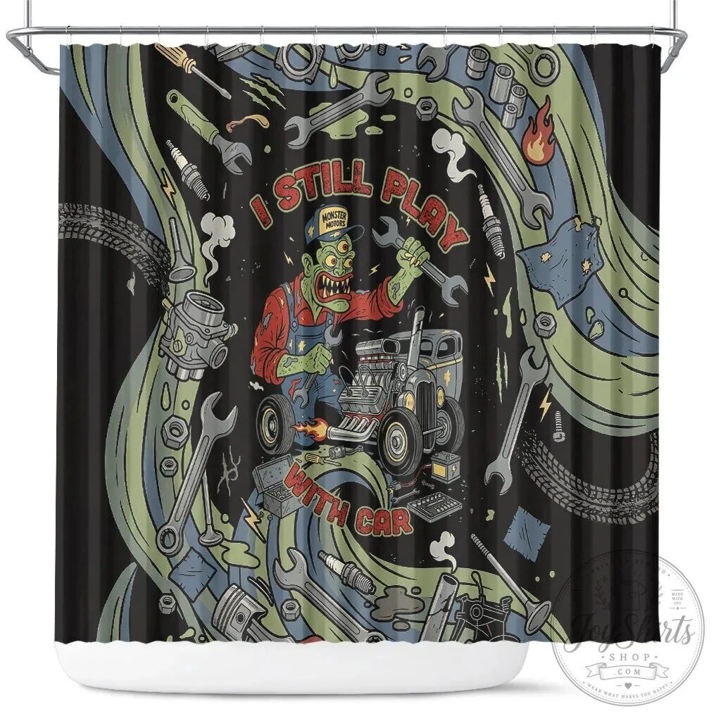 Monster Motors Zombie Mechanic Hot Rod Vintage Auto Tools Shower Curtain