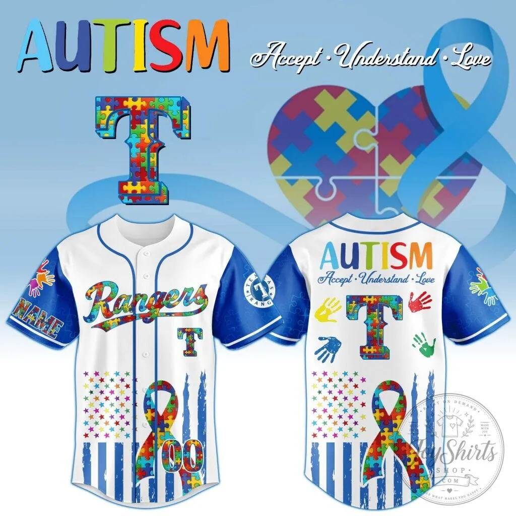Texas Rangers Personalized Autism Awareness Accept Understand Love Baseball Jersey 2 Texas Rangers Personalized Autism Awareness Accept Understand Love Baseball Jersey