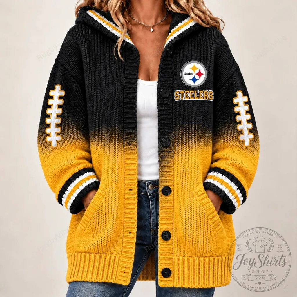 Pittsburgh Steelers Football Team Black And Gold Knit Cardigan Hoodie Pittsburgh Steelers Football Team Black And Gold Knit Cardigan Hoodie