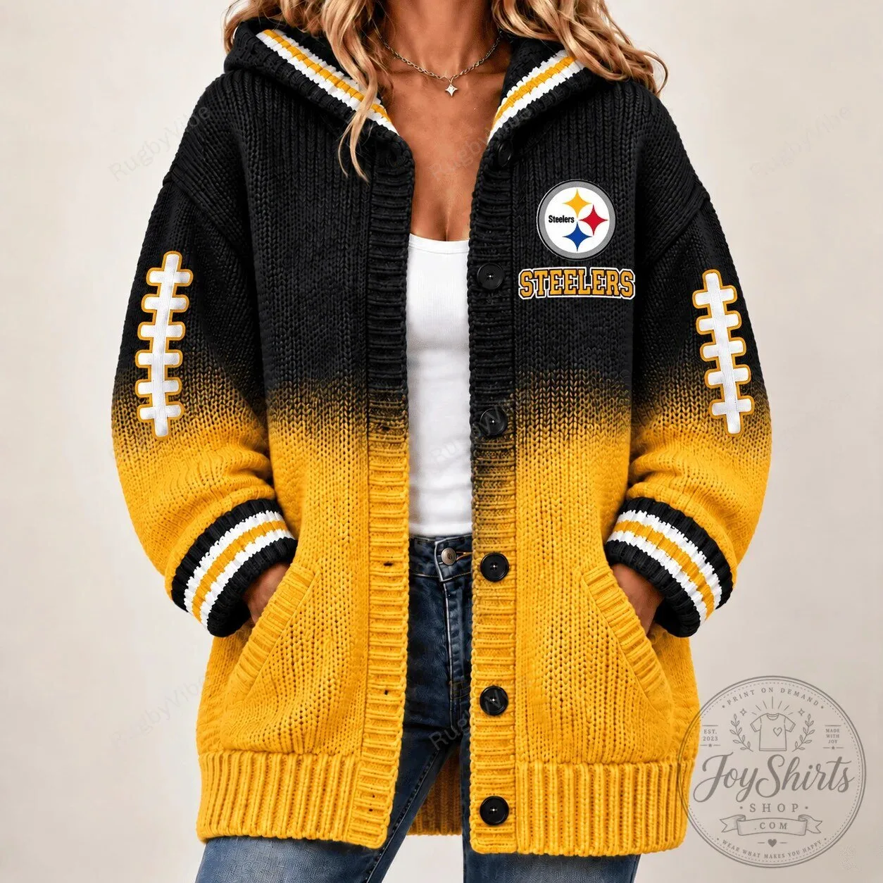 Pittsburgh Steelers Football Team Black And Gold Knit Cardigan Hoodie