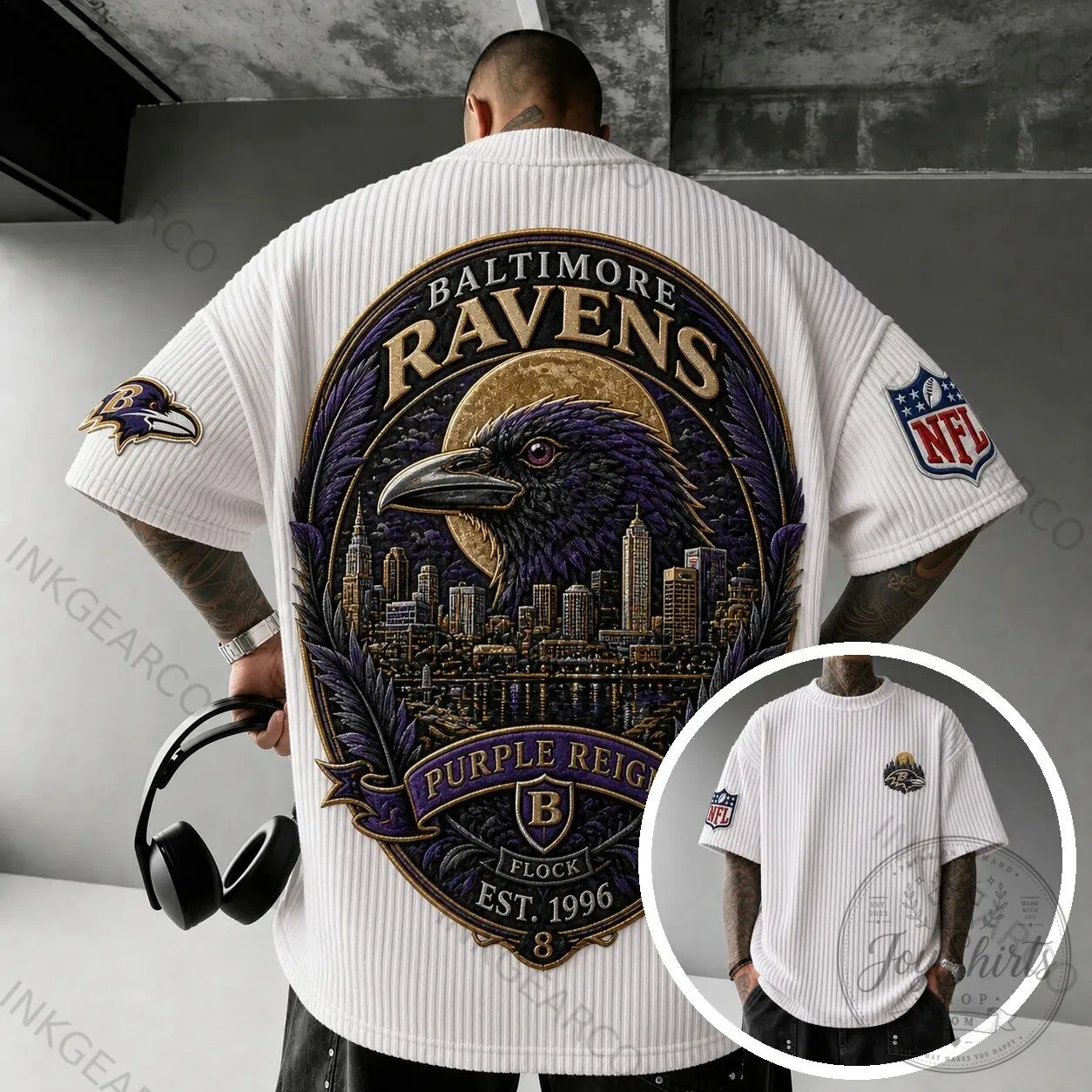 Baltimore Ravens NFL Football Team Logo White Short-Sleeve T-Shirt