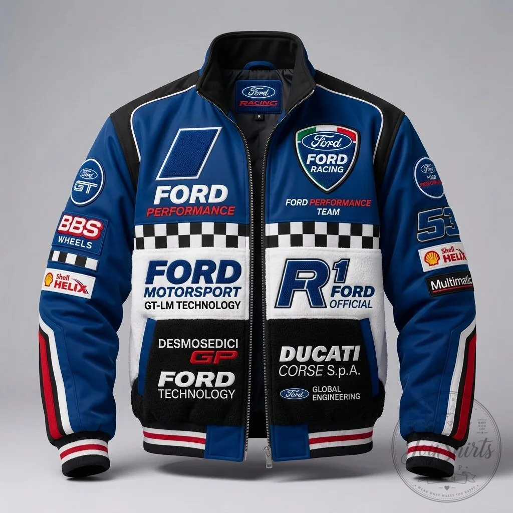 Ford Racing Performance Team Blue Bomber Jacket with Embroidered Logos