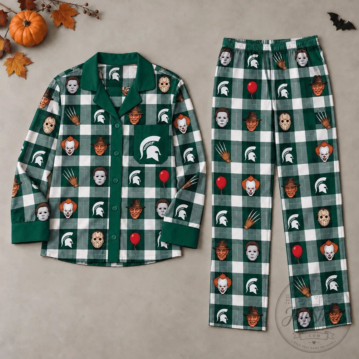 Michigan State Spartans Halloween Horror Movie Characters Plaid Pajamas Set