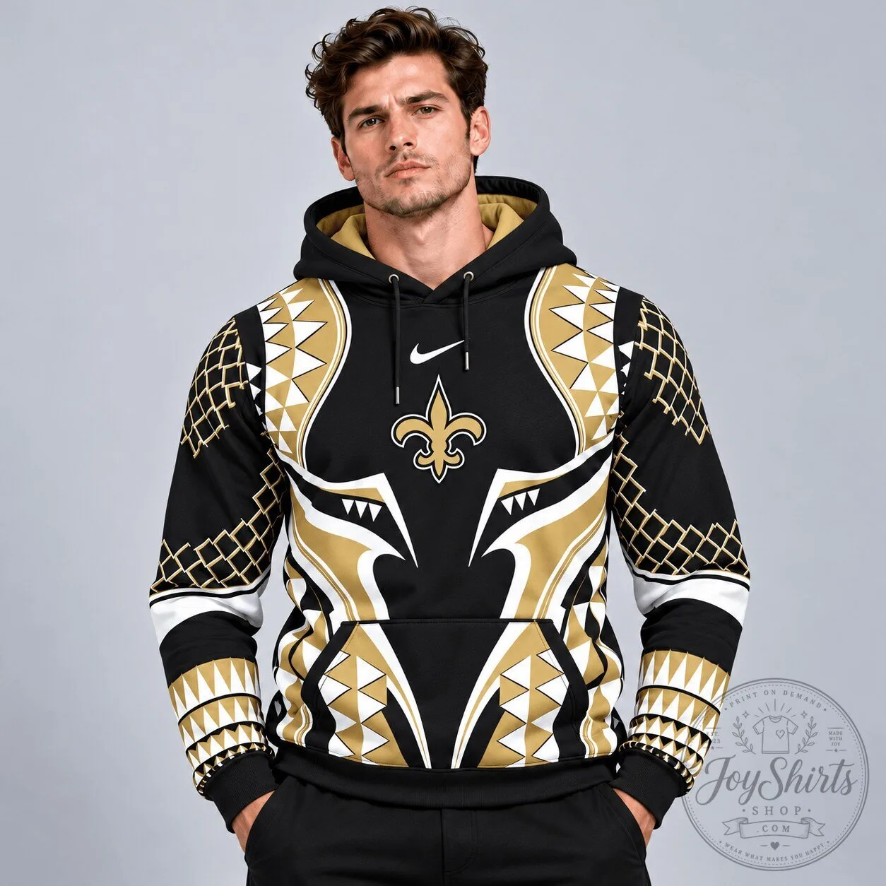New Orleans Saints Tribal Geometric Pattern Black and Gold NFL Football Hoodie