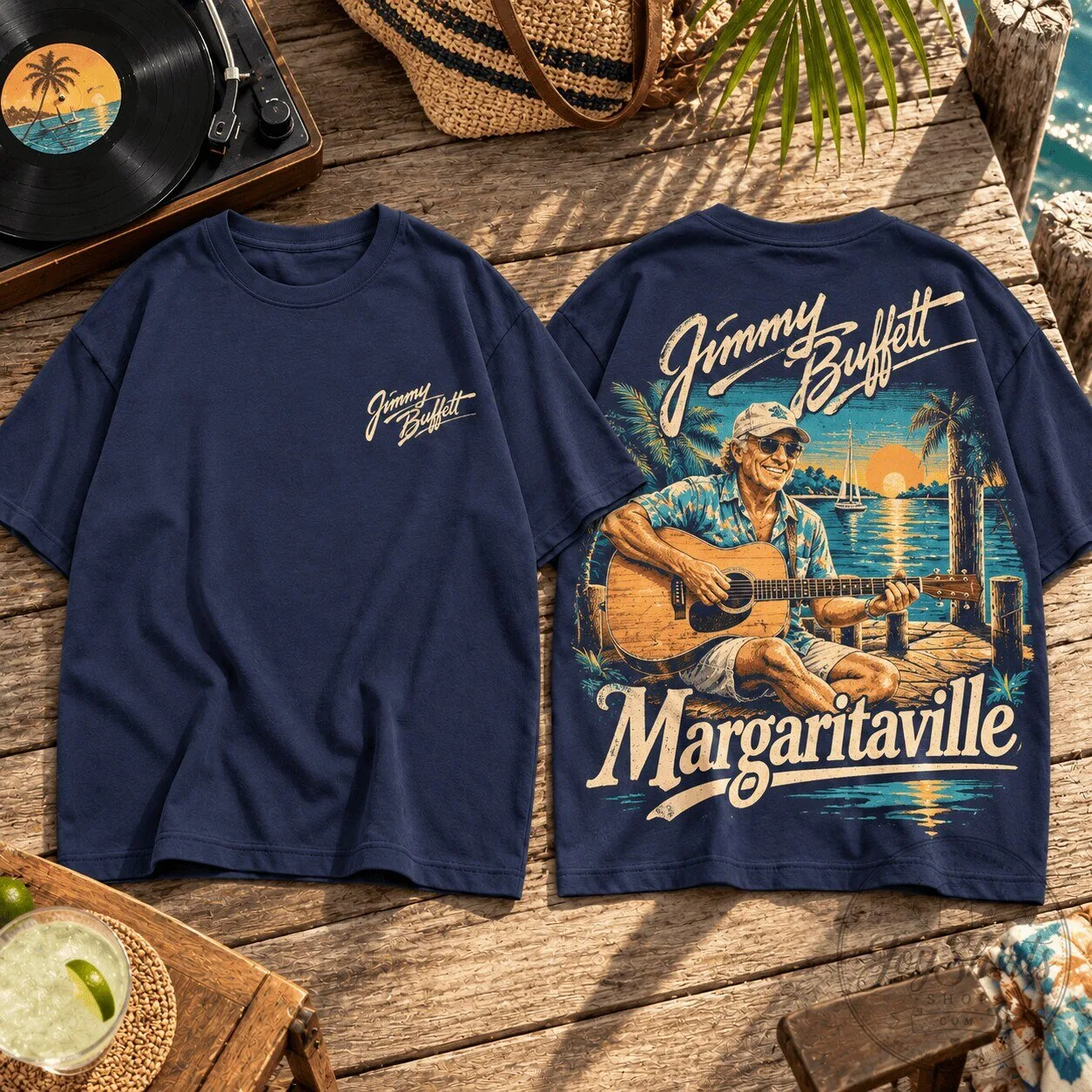 Tropical Sunset Island Time Navy Blue T-Shirt by Jimmy Buffett Margaritaville