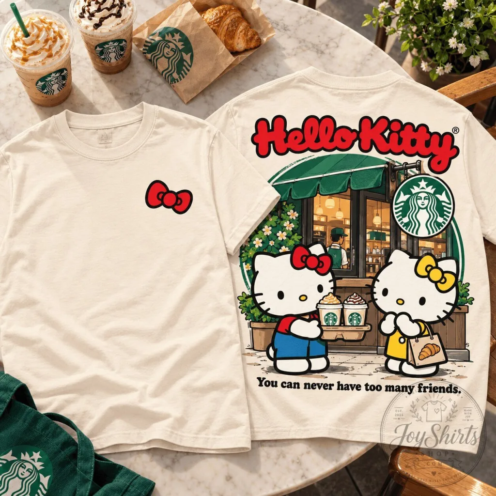 Hello Kitty and Mimmy Starbucks Coffee Date Friends Forever Cream T-Shirt Hello Kitty and Mimmy Starbucks Coffee Date Friends Forever Cream T-Shirt