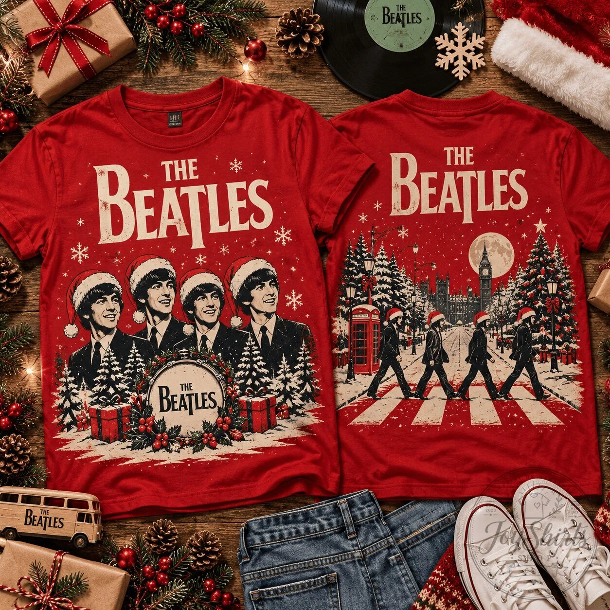 The Beatles Christmas Holiday Abbey Road Band Members Red T-Shirt