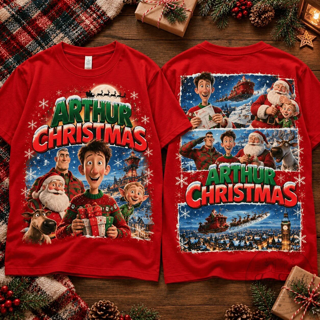 Arthur Christmas Holiday Collage Graphic T-Shirt for Festive Winter Memories