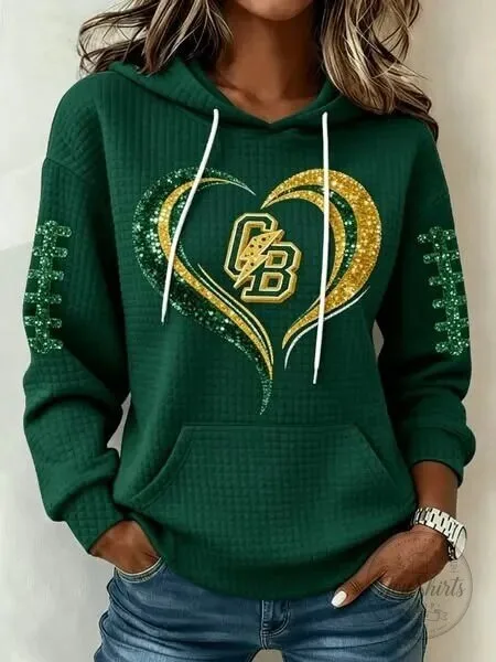Green Bay Packers Glitter Heart Football Team Women's Hoodie